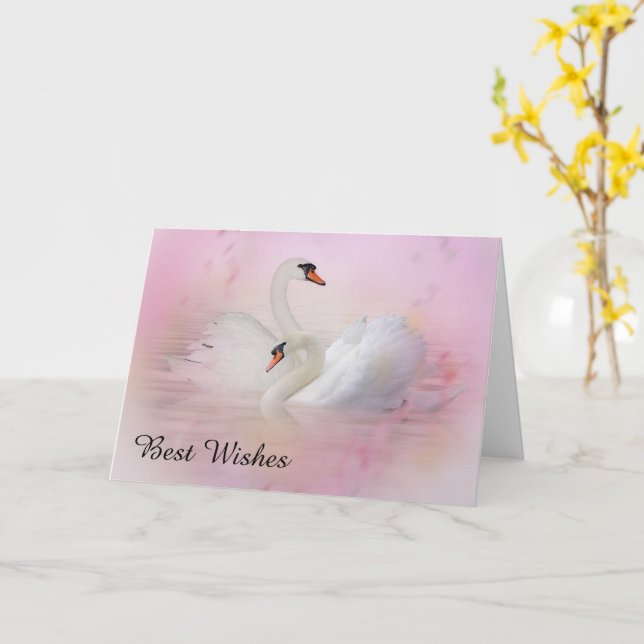 Carte Deux cygnes sur Mariage Arrière - plan rose (Fleur jaune)