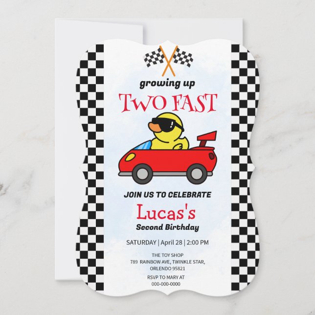 Carte Deux Fast Dinosaur Race Car 2e fête d'anniversaire (Devant)