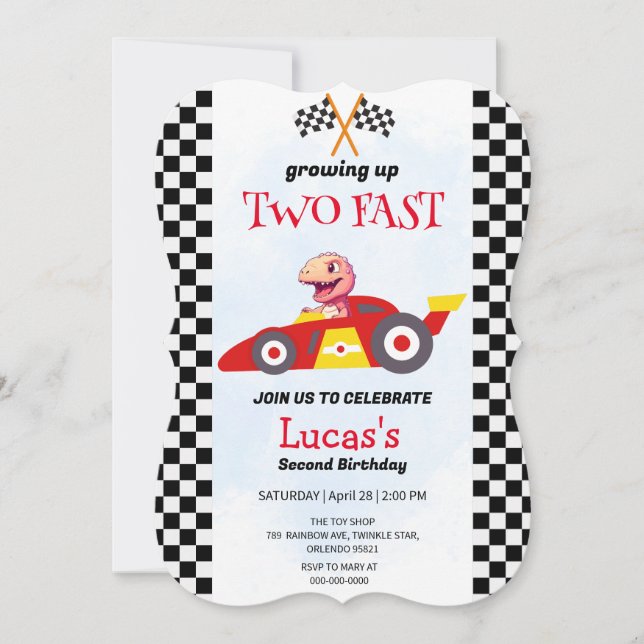 Carte Deux Fast Dinosaur Race Car 2e fête d'anniversaire (Devant)