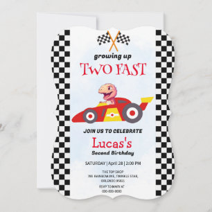 Carte Deux Fast Dinosaur Race Car 2e fête d'anniversaire