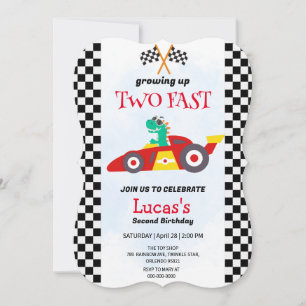 Carte Deux Fast Dinosaur Race Car 2e fête d'anniversaire