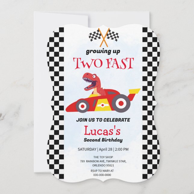 Carte Deux Fast Dinosaur Race Car 2e fête d'anniversaire (Devant)
