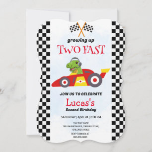 Carte Deux Fast Dinosaur Race Car 2e fête d'anniversaire