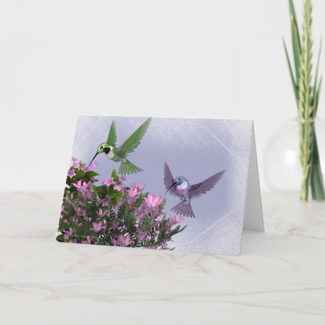 Carte Deux Hummingbirds & Pink Bush Blank Grey Card (Devant)