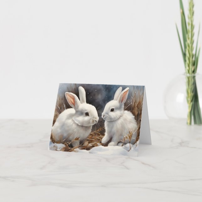 Carte Deux mignons lapins de lapin blanc en blanc neigeu (Devant)