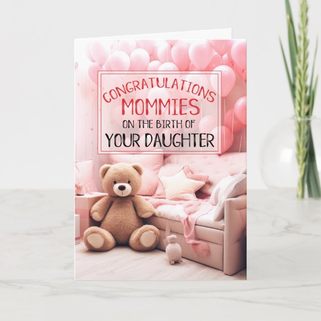 Carte DEUX MOMMES Rose Nouveau bébé Félicitations (Devant)