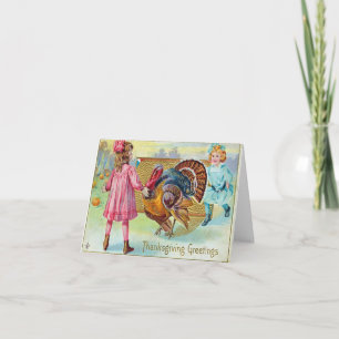 Carte Deux petites filles poursuivant un dindon de Thank