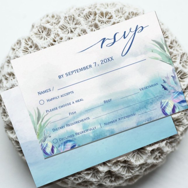 Carte Deux poissons en moins dans la mer Mariage d'été c (This wedding RSVP card features a watercolor teal ocean and dreamy design. )