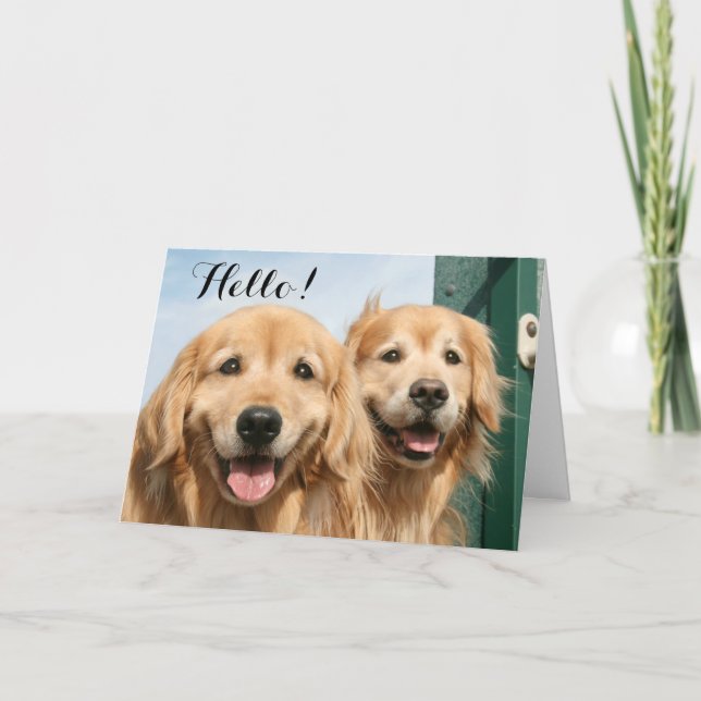 Carte Deux Récupérateurs dorés souriants Bonjour (Devant)