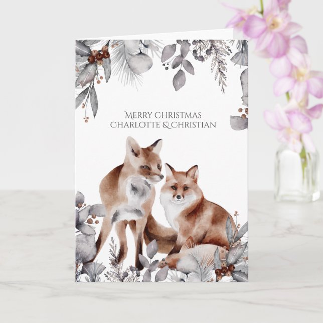 Carte Deux Renards Rouges Noël personnalisé (Orchidée)