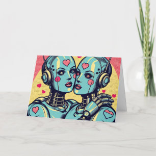 Carte Deux robots féminins amoureux Anniversaire
