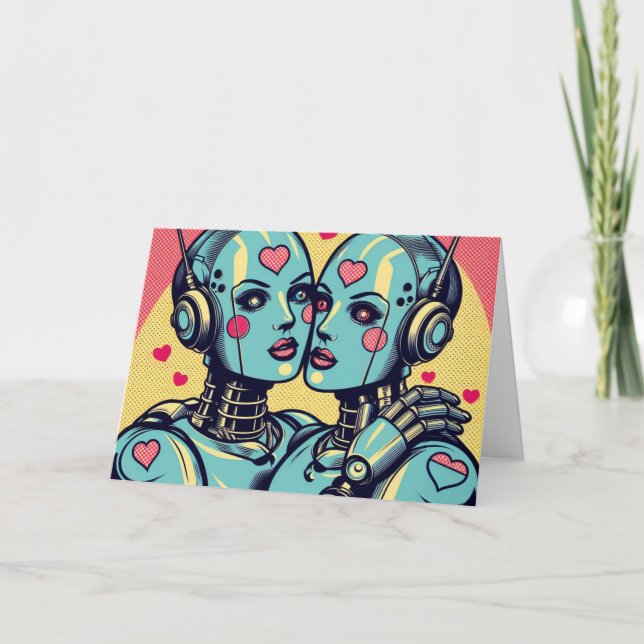 Carte Deux robots féminins amoureux Anniversaire (Devant)