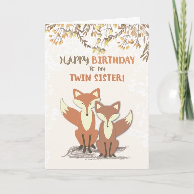 Carte Deux soeurs Renards d'anniversaire, Feuilles sur B (Devant)
