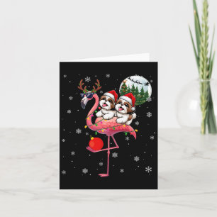 Carte Deux Xmas Shih Tzus équitation Flamant rose Reinde