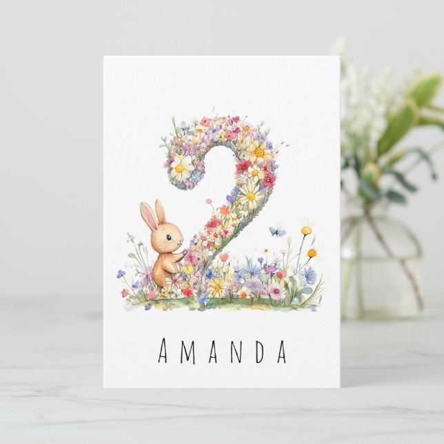 Carte Deuxième Anniversaire Fleurs et Lapin (Debout devant)