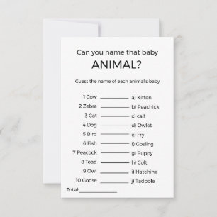 Carte devinez le nom du jeu de baby shower animal bébé