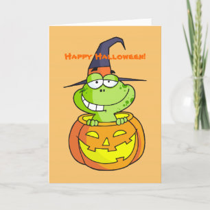 Carte d'Halloween à la grenouille verte mignonne