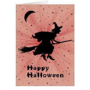Carte d'Halloween avec sorcière sur une chambre hu