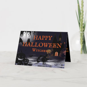 Carte d'Halloween avec Sorcière Volante et Château