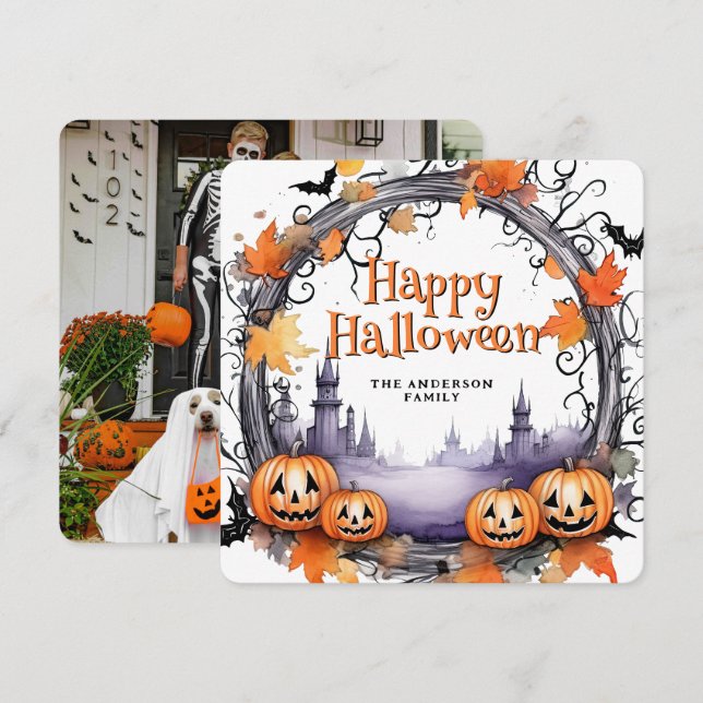 Carte d'Halloween citrouille Bats Watercolor (Devant / Derrière)