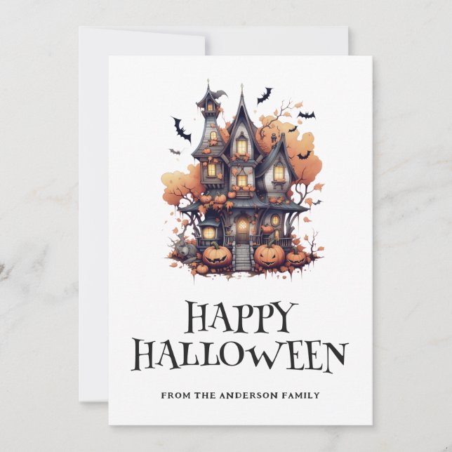 Carte d'Halloween Citrouille Cute Haunted House Ba (Devant)