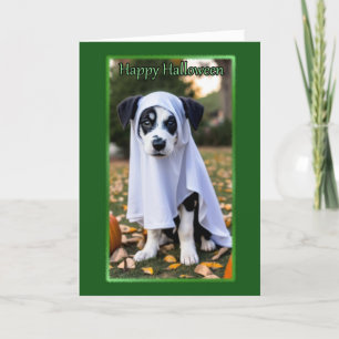 Carte d'Halloween de chiot fantôme mignon