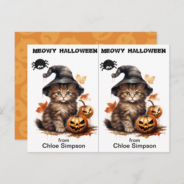 Carte d'Halloween de sorcière Kitty Cat School (Devant / Derrière)