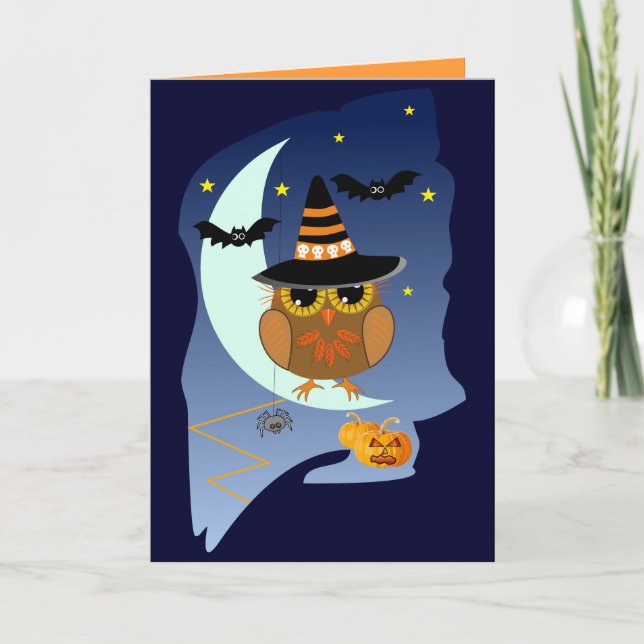 Carte d'Halloween mignonne avec Chouette, chauves- (Devant)