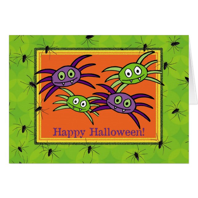Carte d'Halloween mignonne violet et araignées ver (Devant Horizontal)