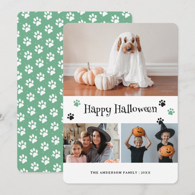 Carte d'Halloween Retro Green Empreinte de patte P (Devant / Derrière)