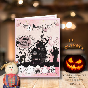 Carte d'Halloween rose et noir blanc pour les affa