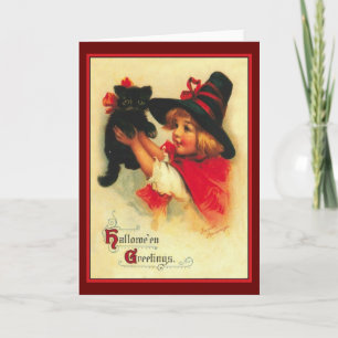 Carte d'Halloween Vintage Little Witch et Black Ca