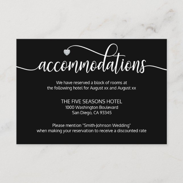 Carte d'hébergement Mariage en diamant noir blanc (Devant)