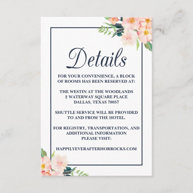 Carte d'hébergement Mariage floral Blush et Navy (Devant)
