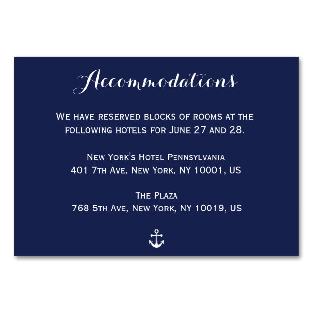 Carte d'hébergement Mariage marine bleu marine (Devant)