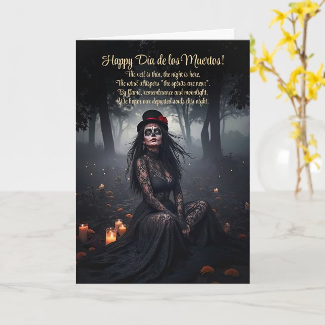 Carte Dia de los Muertos Jolie femme Sugar Skin (Fleur jaune)