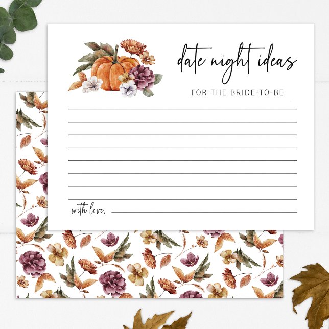 Carte d'idées de nuit Date d'automne (Fall Pumpkin Floral Date Night Ideas Card by Painted Paperie
)