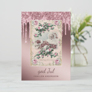 Carte dieu Jul Rose Parties scintillant d'or de Noël