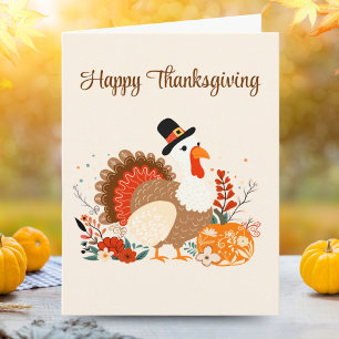 Carte Dinde de Thanksgiving avec citrouilles et feuilles