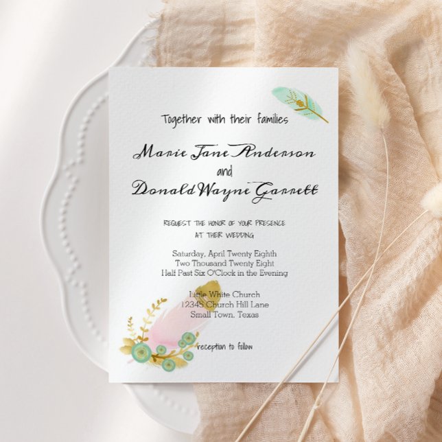 Carte Dîner de répétition Boho Pink and Gold Feathes (Créateur téléchargé)