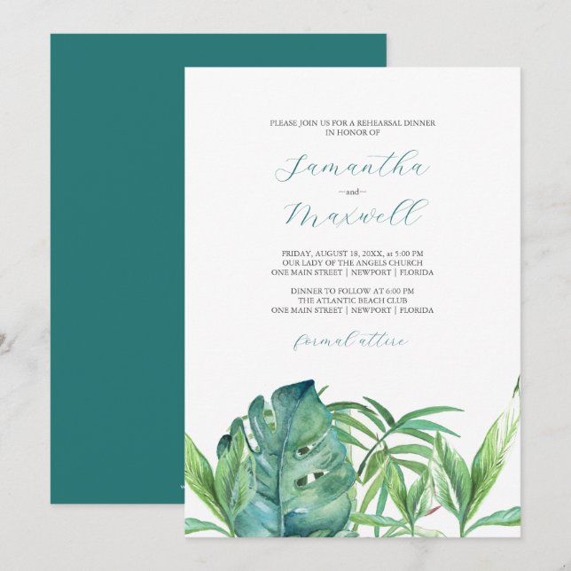 Carte Dîner de répétition des Feuilles tropicaux (Devant / Derrière)