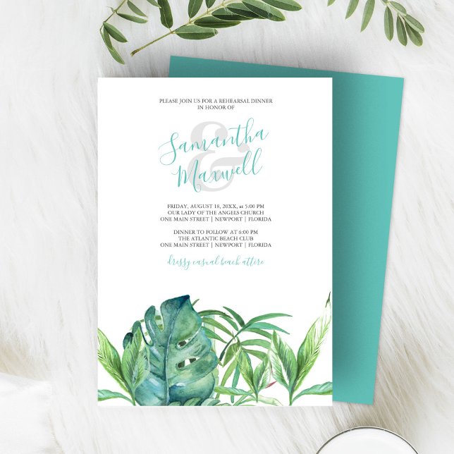 Carte Dîner de répétition des Feuilles tropicaux (tropical beach wedding invitations features watercolor palm leaves in shades of green. )