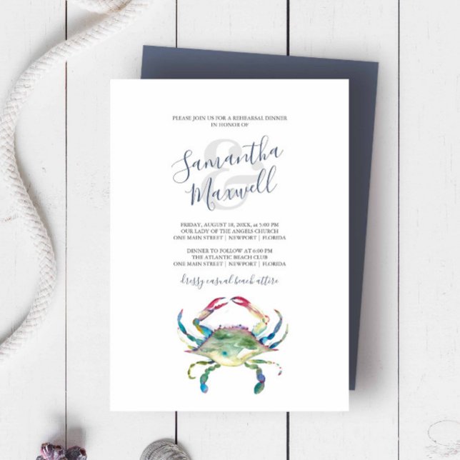 Carte Dîner de répétition du crabe d'aquarelle Invitatio (Rehearsal dinner invitation beach wedding watercolor blue crab art by Victoria Grigaliunas.)