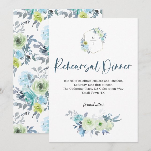 Carte Dîner de répétition Floral bleu clair jaune vert (Devant / Derrière)