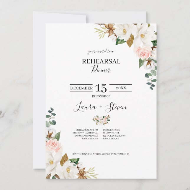 Carte Dîner de répétition Floral Magnolia Blanc & Blush (Devant)