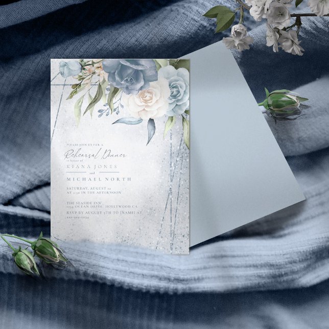 Carte Dîner de répétition Floral Sparkles Dusty Blue ID8 (Créateur téléchargé)