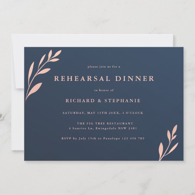 Carte Dîner de répétition Marine et Pink Foliing (Devant)