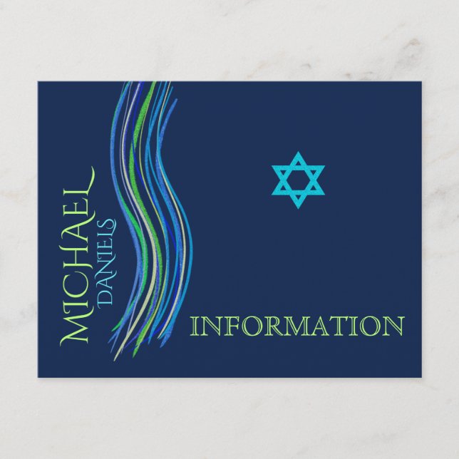 Carte d'information bleue et verte Bar Mitzvah (Devant)
