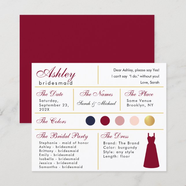 Carte d'information Bridesmaid Burgundy Gold Colon (Devant / Derrière)