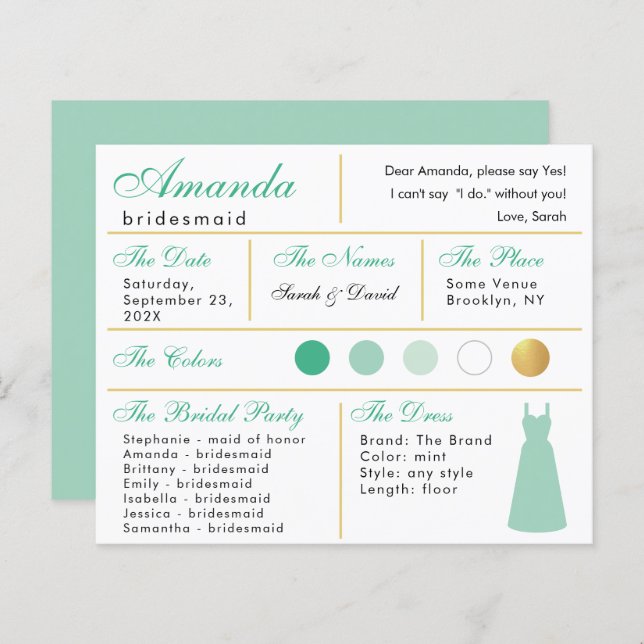 Carte d'information Bridesmaid Mint Green Faux Gol (Devant / Derrière)